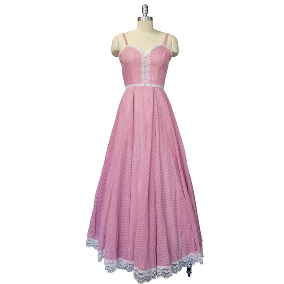 Gunne Sax Pink Swiss Dot Maxi Dress Size XS 5 Calico Vintage 70s Prairie - Picture 2 of 10